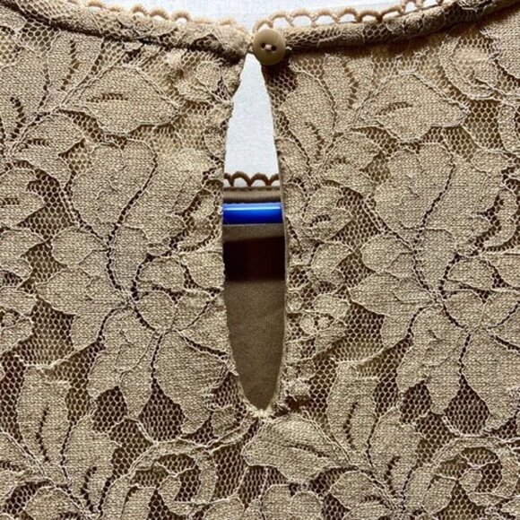 Cable & Gauge Lace Blouse Women's Medium Tan Sheer Ruffled Sleeves Front Boho - Picture 3 of 9